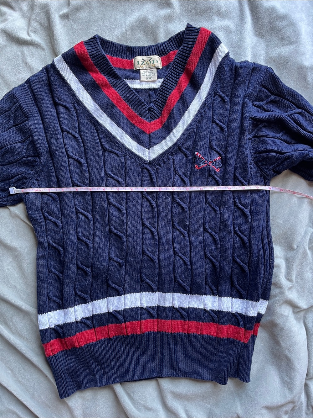 Izod Navy V-Neck Cable Knit Sweater with Red & White Stripes